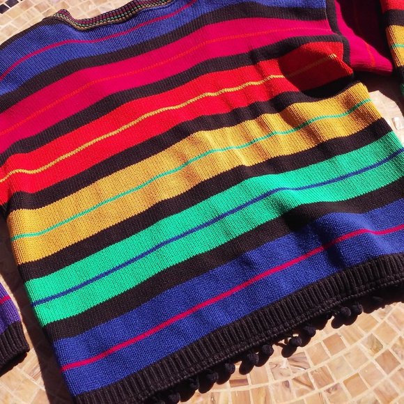 Vintage 80s V-neck Cardigan Ladies -S Pom Pom Fringe Bold Rainbow Striped Cotton - Picture 7 of 12